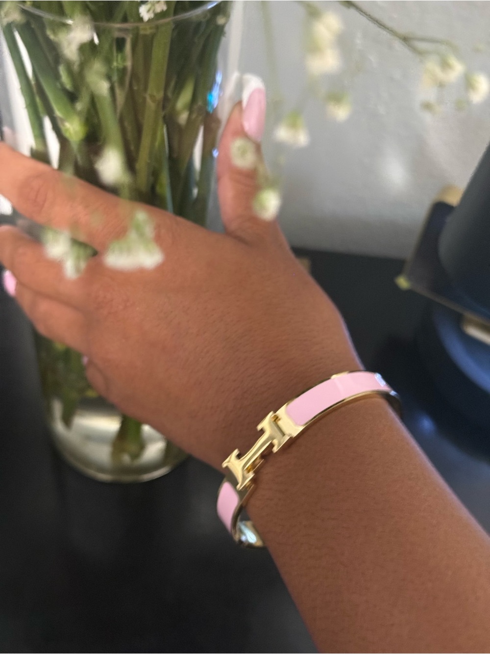 Gold-Tone Pink Enamel H Bracelet - Luxury Style Women's Bracelet - Picture 2 of 6
